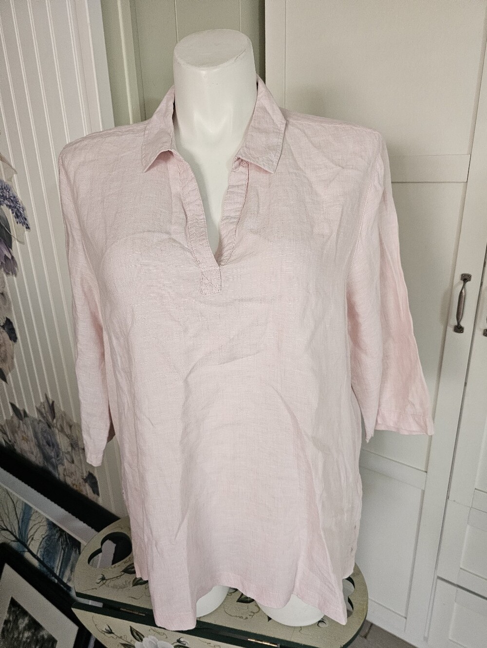 Sigrid Olsen 100% Linen Tunic Top Blouse Pink V-Neck 3/4 Sleeve Womens Plus 1X